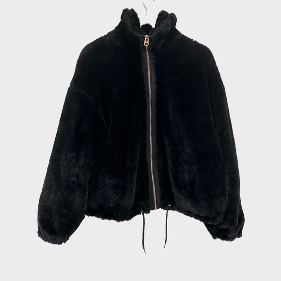 NWT - Lucky Brand XL Bomber Jacket Faux Fur Black - Picture 3 of 16